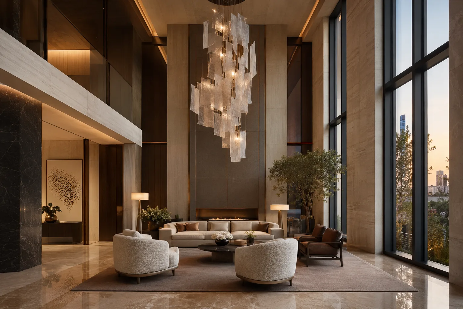 A grand double-height residential lobby in a branded tower, polished stone floors, a sculptural chandelier, restrained luxury furnishings in neutral tones, evening light through tall glass, no people in frame.