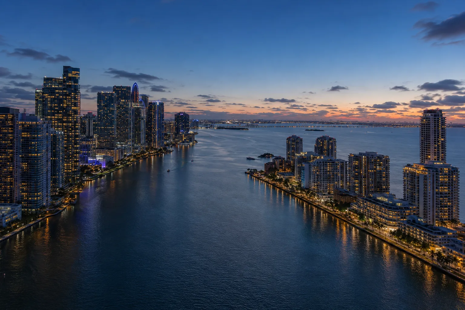 An aerial dusk view along Biscayne Bay showing the dense Brickell skyline on one side and the lower, newer Edgewater towers on the other, city lights beginning to glow, no people in frame.