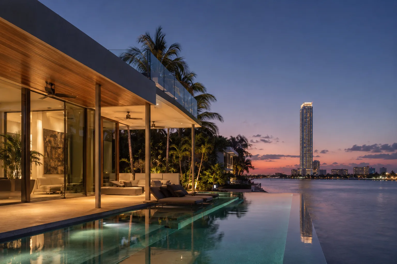 A split sense of place at twilight: a sculptural waterfront single-family estate with a lit infinity pool in the foreground and a slender luxury tower glowing across the bay behind, no people in frame.