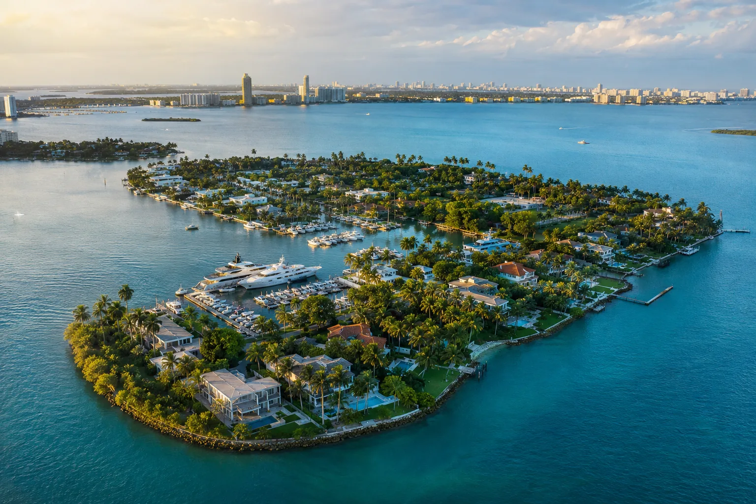 An aerial view of a private island residential enclave ringed by turquoise water and a marina full of yachts, lush landscaping and low villas, late afternoon light, no people visible.