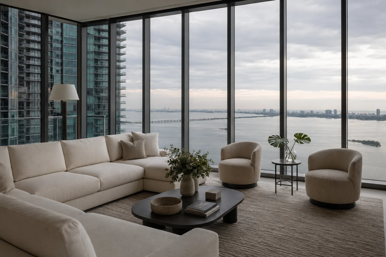 A high-floor Brickell condominium living room at dawn, floor-to-ceiling glass framing Biscayne Bay in flat gray light, furniture in pale linen, no people present.