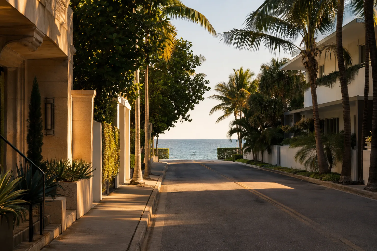 A quiet residential street at the southern tip of South Beach at golden hour, mature palms and low-rise terraces, a sliver of ocean at the end of the block, no people in frame.